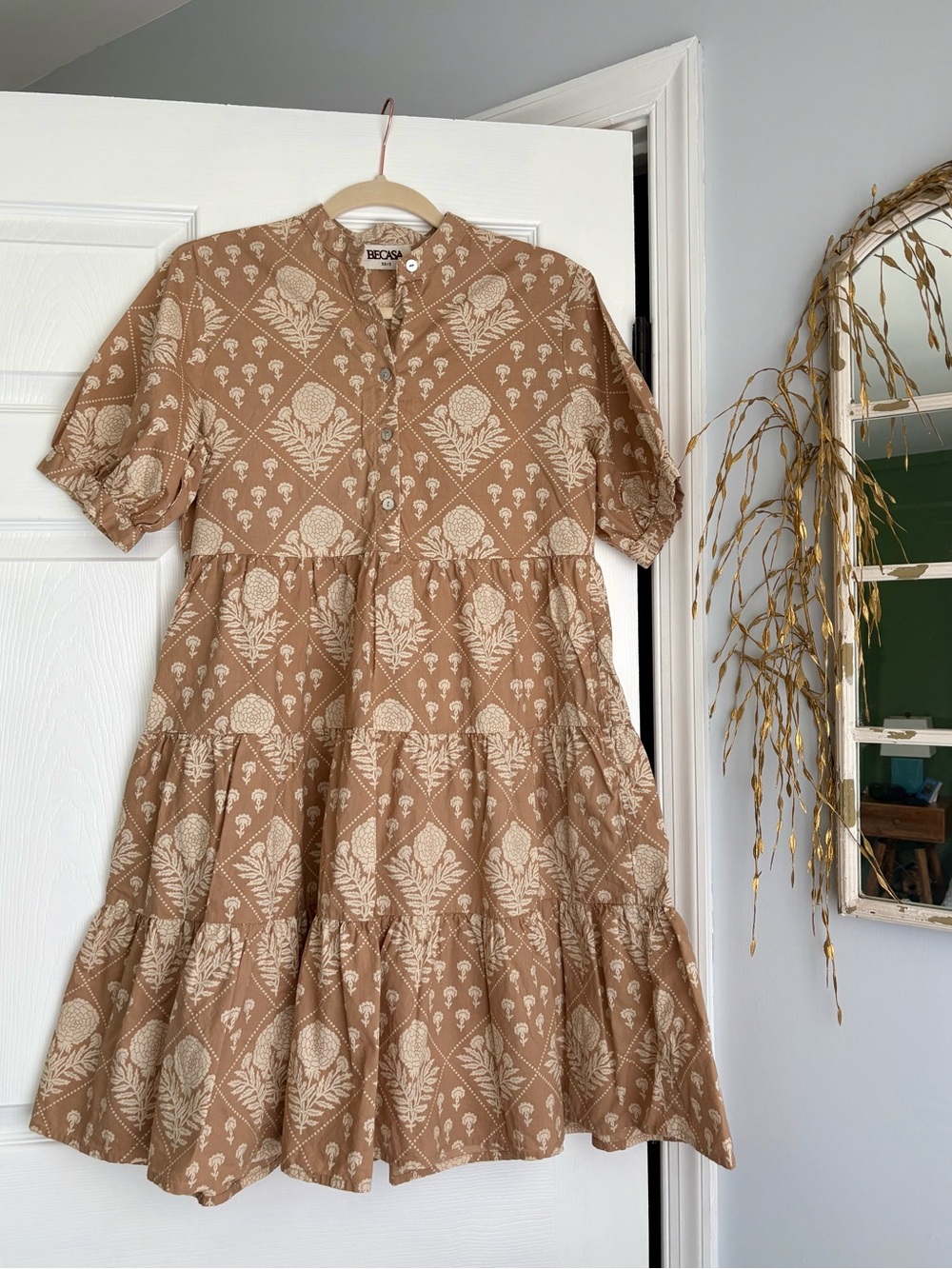 BECASA Resort Tan/Brown Printed Tiered Button-Front Dress